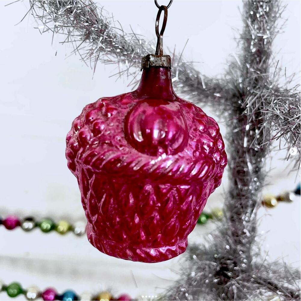 Antique Vintage Glass Ornament BUMPY Fruit BASKET PINK